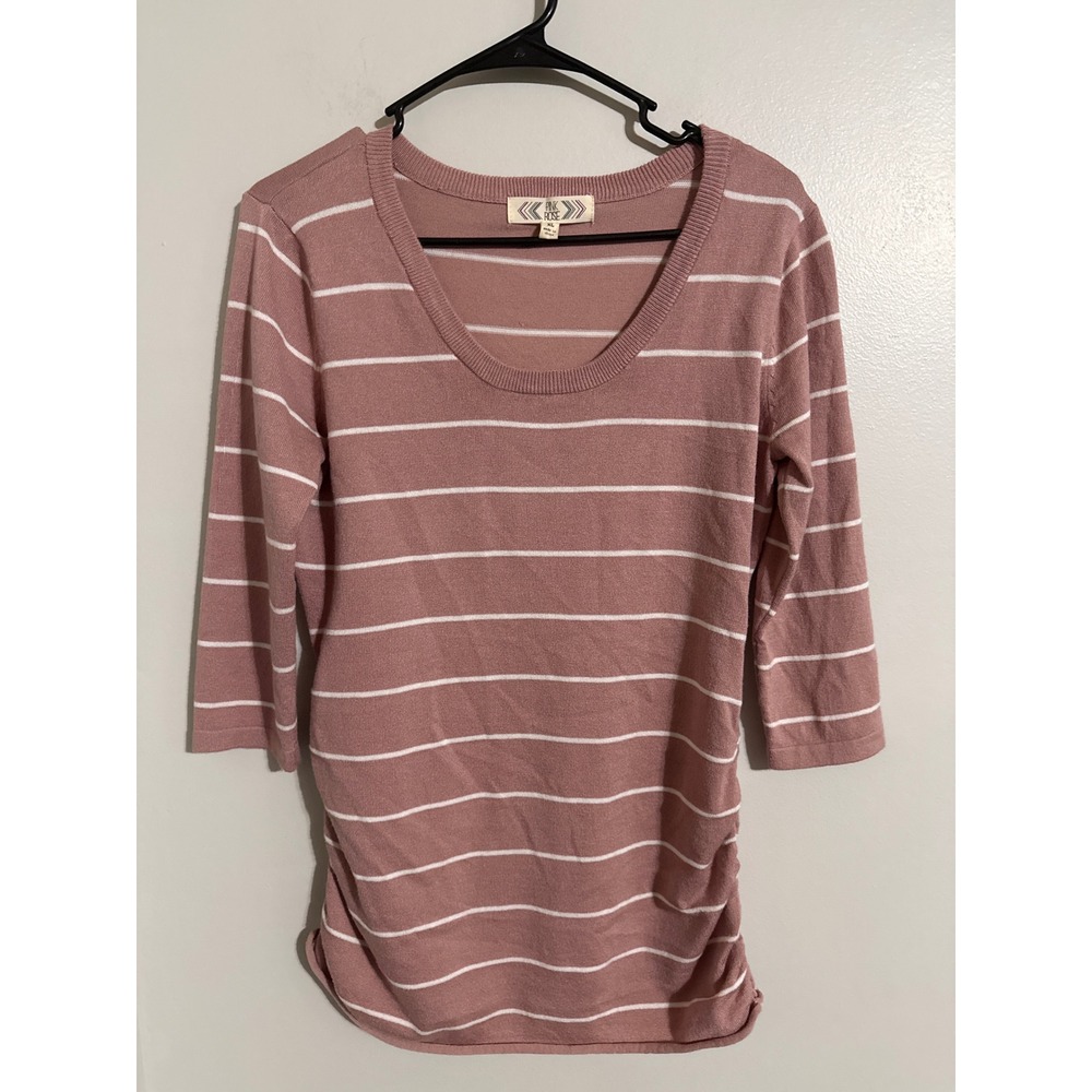 Pink Rose Womens XL Striped Scoop Neck 3/4 Sleeve Ruched Knit Top Dusty Rose